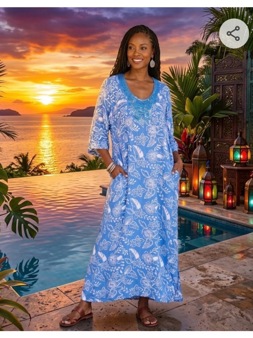 🌟 Beautiful Patio Casuals by Cabernet XL Blue Floral Kaftan Dress 🌟